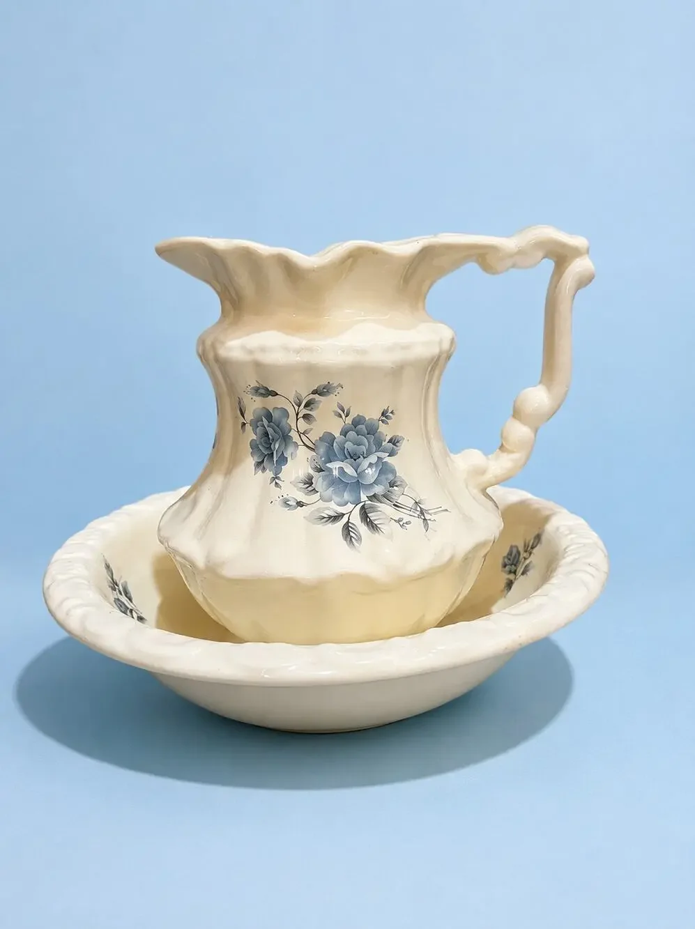 Vintage VB Athena California Pottery Pitcher and Wash Basin Set, Cream Ceramic